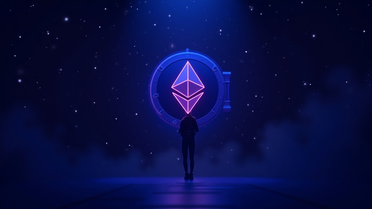 Neon illustration of an Ethereum vault with a shadowy attacker, blurred analytics, and Summerfi branding with blue-purple glow.