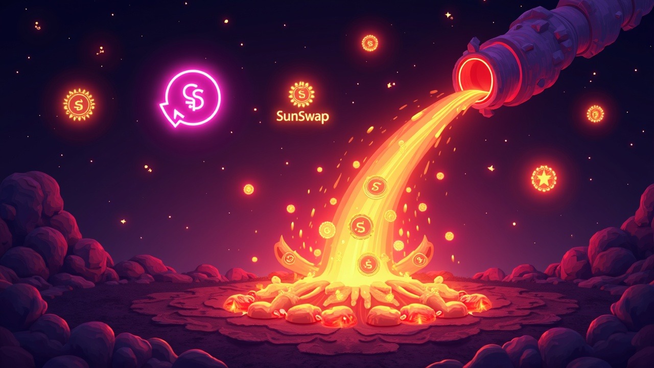 Neon SUN tokens flow from SunSwap, SunPump, and SunX into a burn furnace, signaling a deflationary DeFi economy.