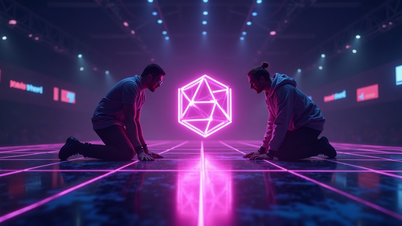 Neon 1v1 duel in a Polygon-powered arena with a pulsing Polygon logo; sleek, high-tech, bokeh backdrop.