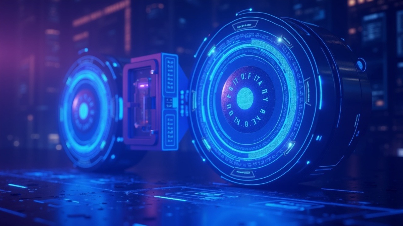 Neon-lit tokenized assets vault with a central advisor hologram guiding on-chain portfolios amid blue-cyan-purple glow.