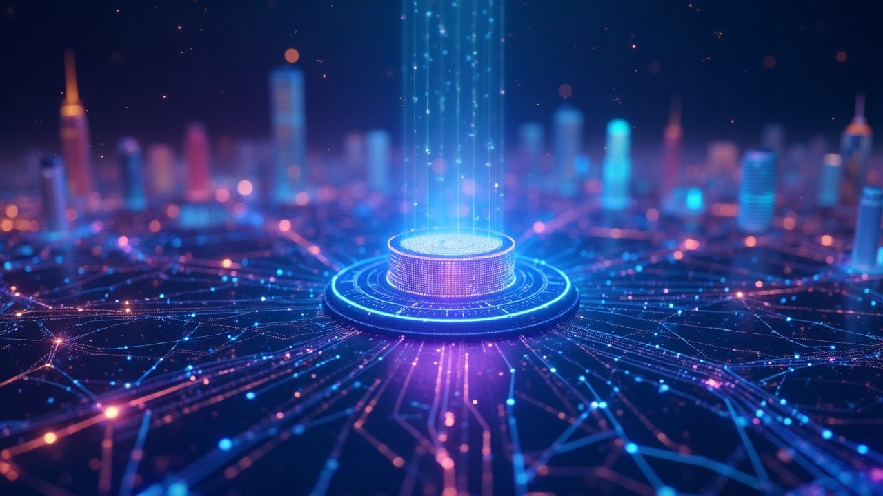 Illustration of tokenized private credit flowing into the Stellar network with neon blue and purple glow.
