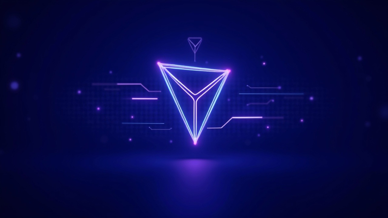 Neon 3D illustration of a TRON node upgrade linking networks with blue, cyan, and purple glow.