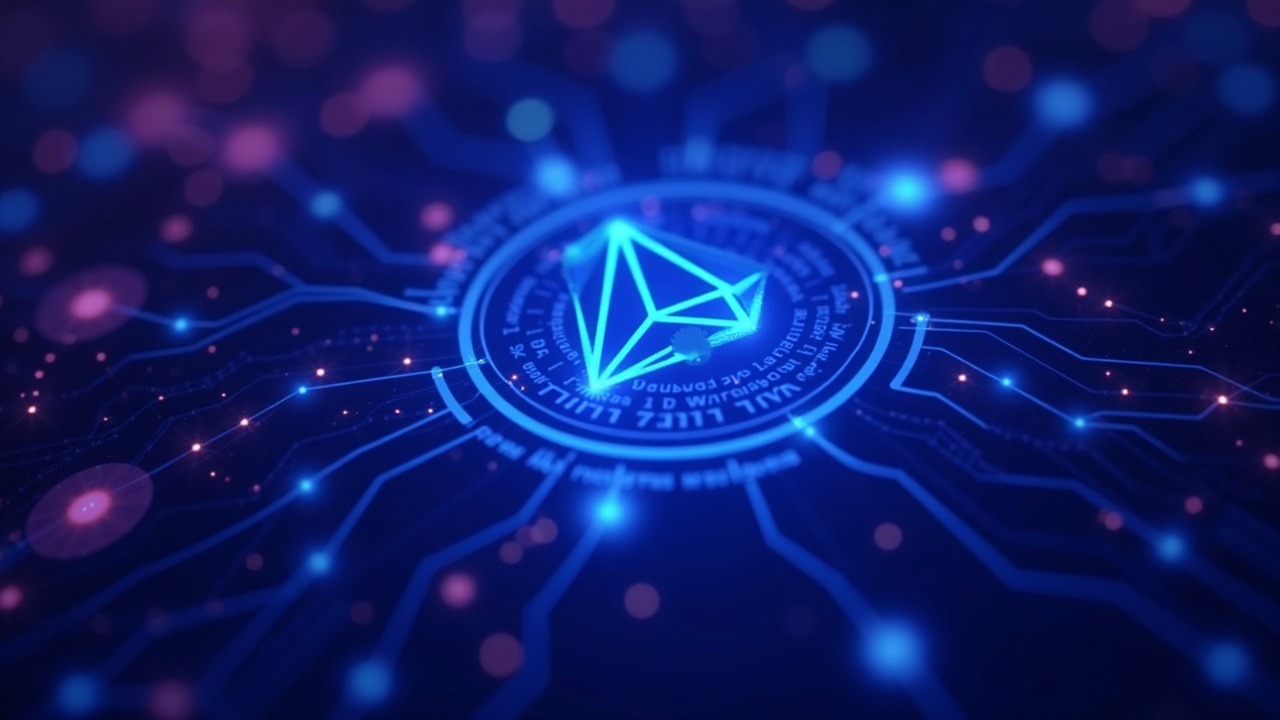Futuristic Tron node on Nile testnet with neon blue-purple glow, illustrating quantum-resistant signatures.