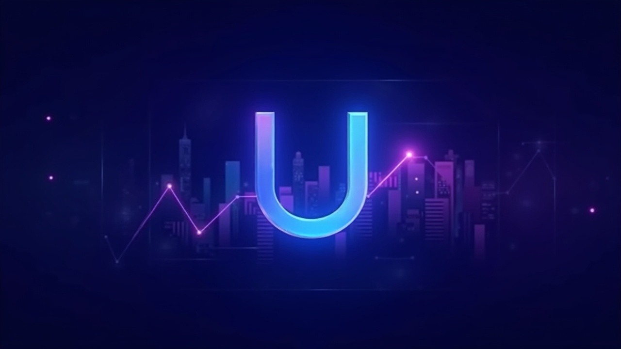 Uniswap logo merging with Robinhood Chain amid neon blue and purple glow, over a rising liquidity chart