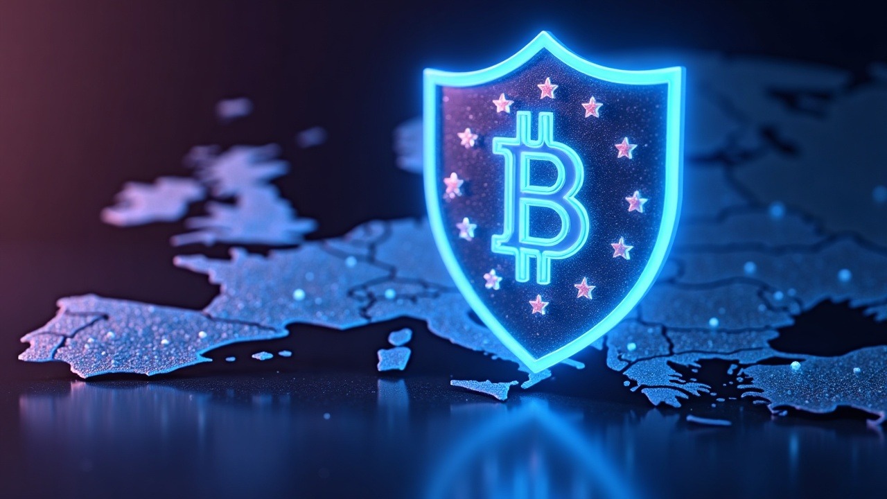 Cyber illustration of USDT breaking away from a neon MiCA shield with an EU map backdrop.