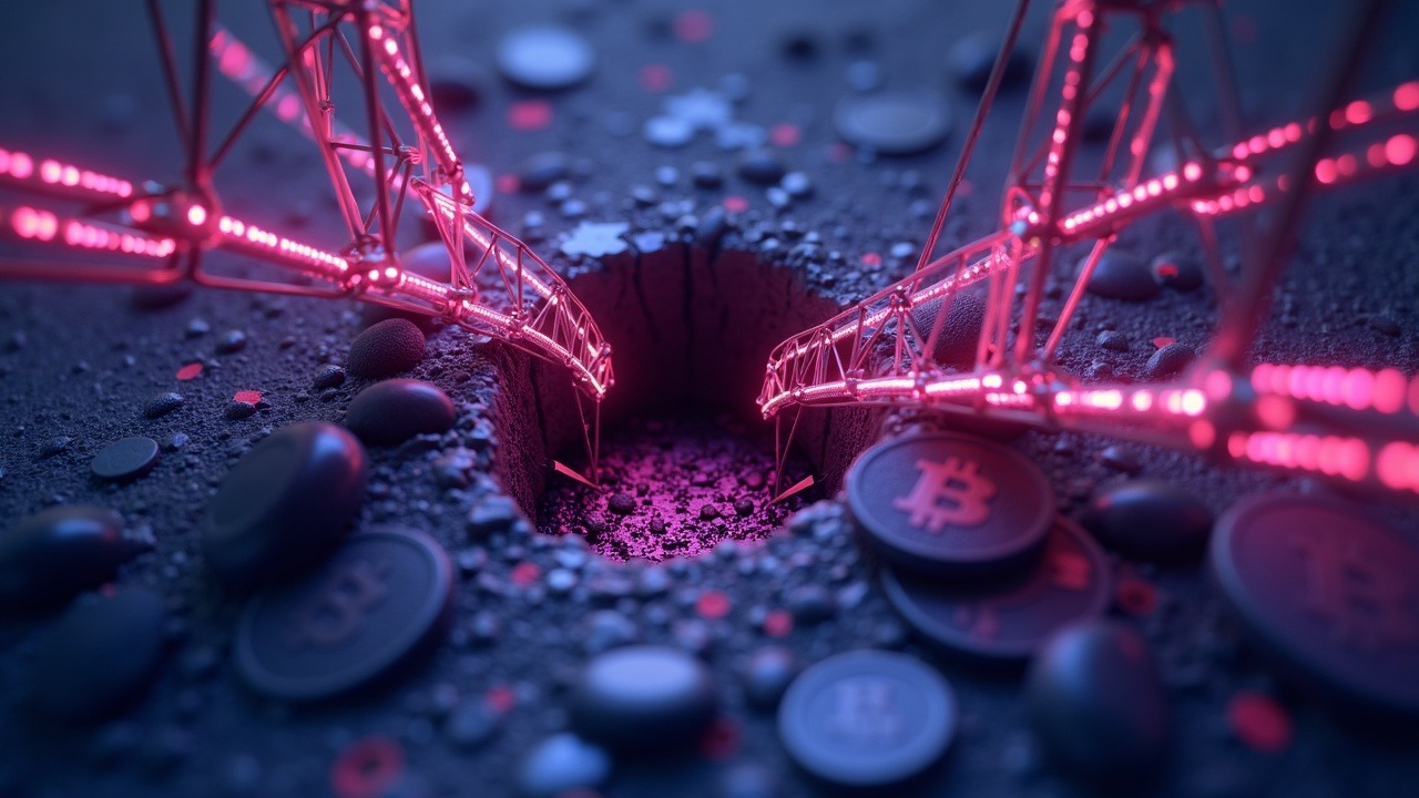 Neon-lit cross-chain bridge with a crack, tokens spilling into a dark vortex, signaling a crypto security breach.