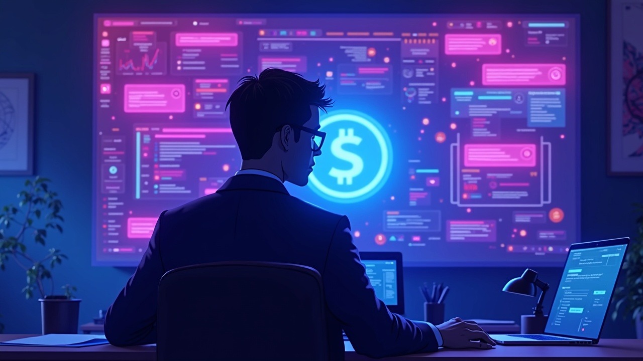 Neon CEO silhouette over a hijacked social feed showing a fake memecoin banner, blue-purple cyberpunk newsroom vibe.