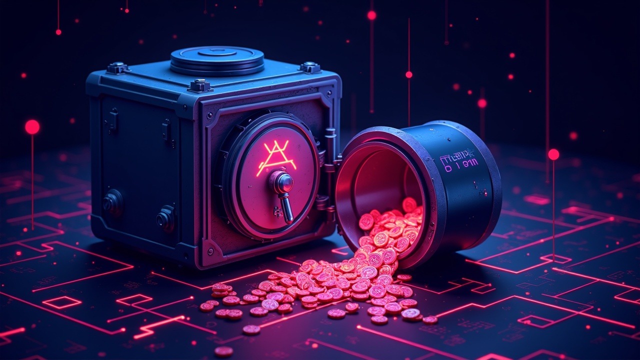 Neon-lit scene of a cracked WEMIX contract interface, glowing admin keys spill from a vault as tokens spiral upward.
