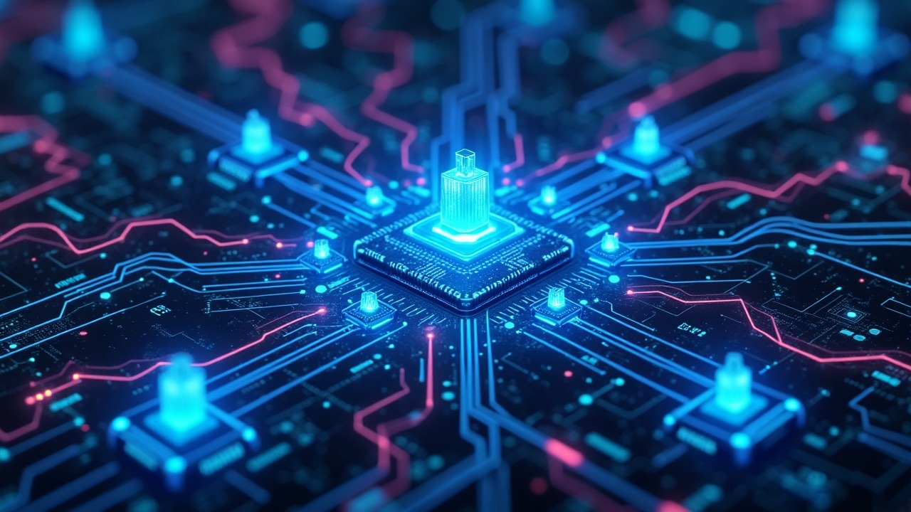 Futuristic neon network of validators arming nodes for Protocol 28 upgrade, with flowing data dashboards in blue-cyan-magenta