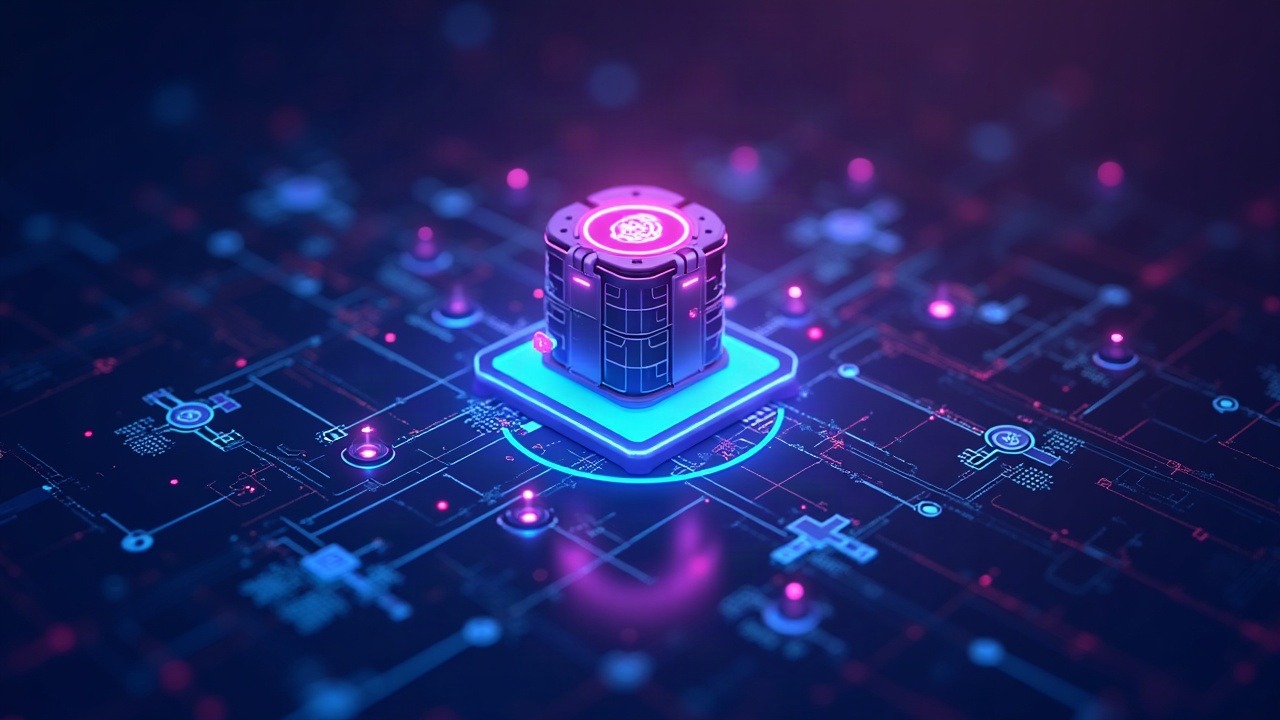 Neon cyber illustration of tokenized stocks on Base, with a 3D chart, custody vault, and 24/7 on-chain trading glow.
