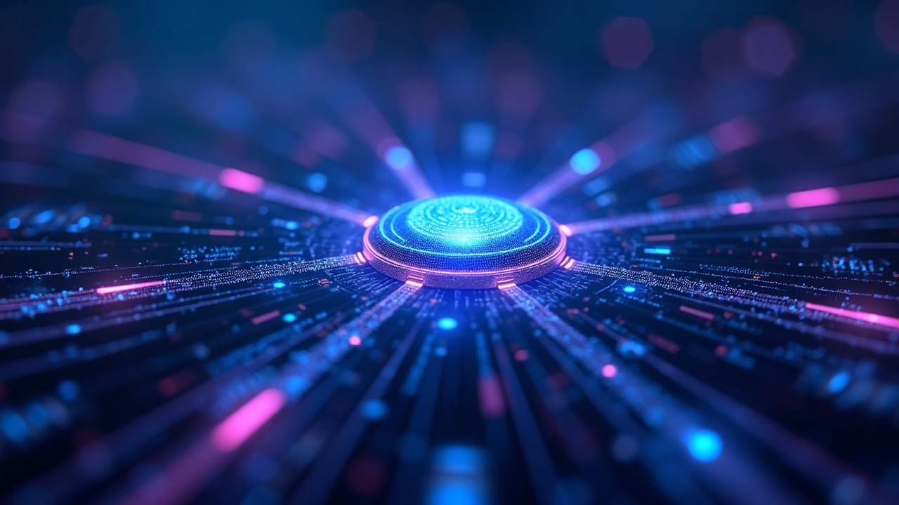 Futuristic Aptos network concept: central node with neon data streams signaling 389M July transactions, upgrades, and dApps.