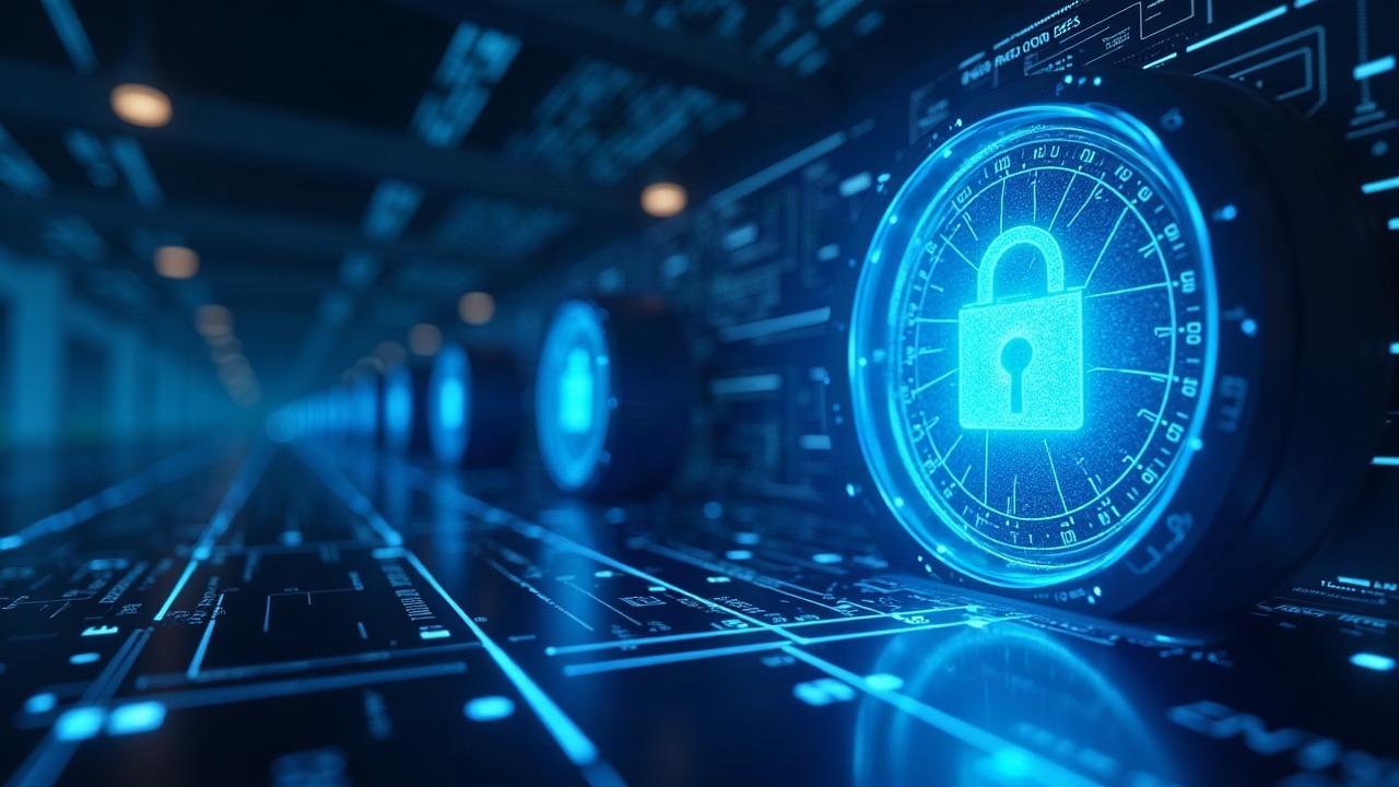 Neon blue illustration of Aptos mainnet showing encrypted transactions and addresses leading to a secure vault.