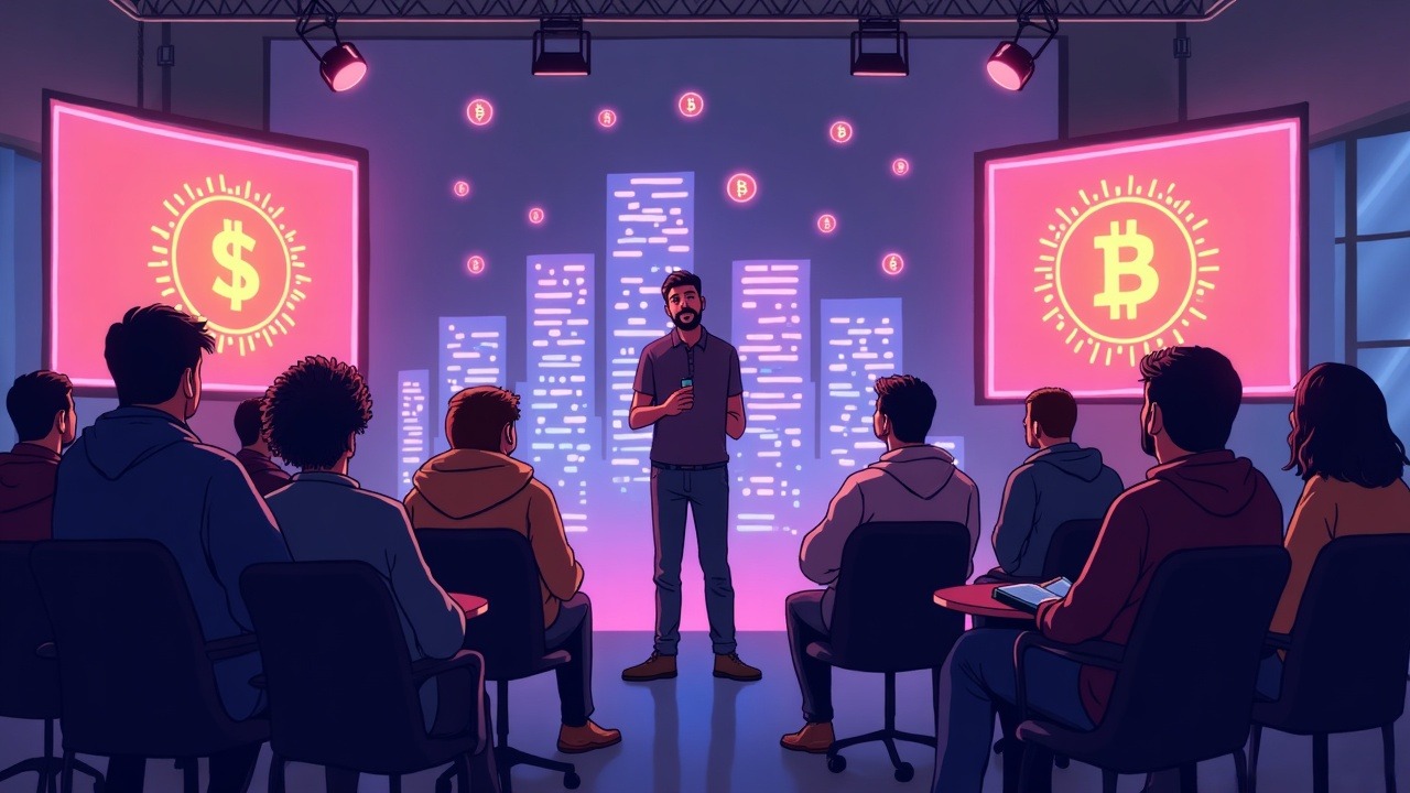 Diverse founders pitch at Arbitrum Demo Day under neon lights, with token icons and rising graphs.