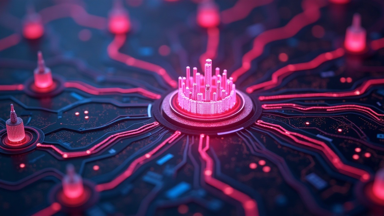 Neon AVAX network with a central hub, rapid transaction streams, subtle 3D subnets, and institutional silhouettes.