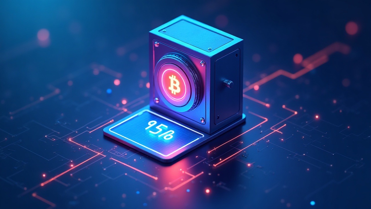 Futuristic crypto treasury scene with a sleek digital vault and rising Bitcoin balance on a neon blue display.