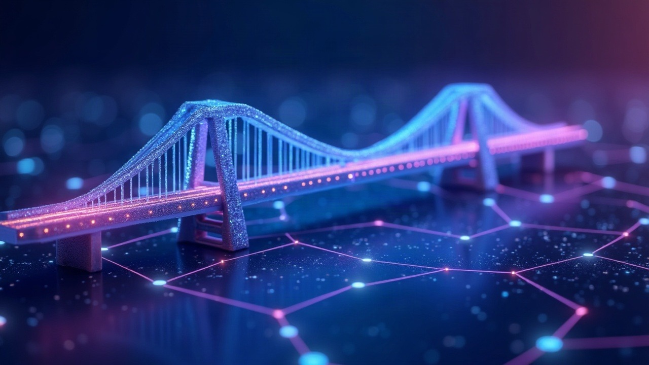 Futuristic 3D crypto illustration of a cross-chain bridge with neon blue and purple glow, centered on blockchain nodes.