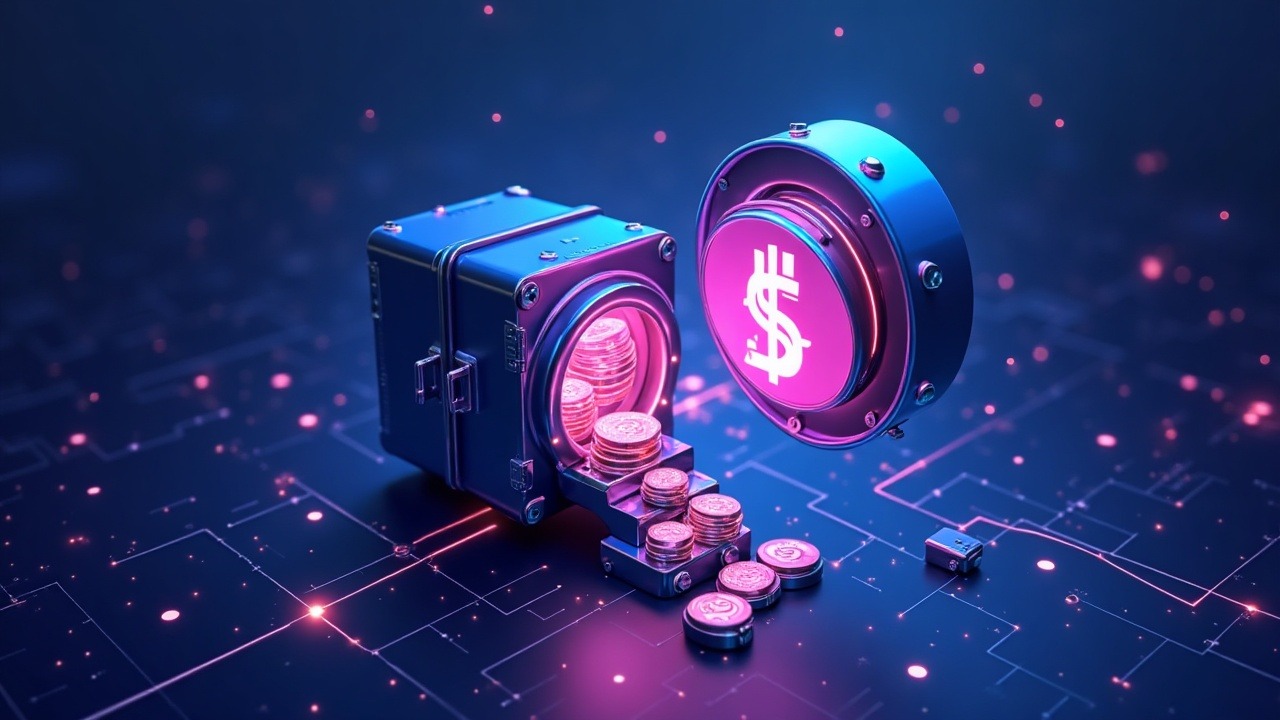Sleek digital vault transfers tokenized money market assets to a stablecoin reserve shield on a multi-blockchain backdrop.