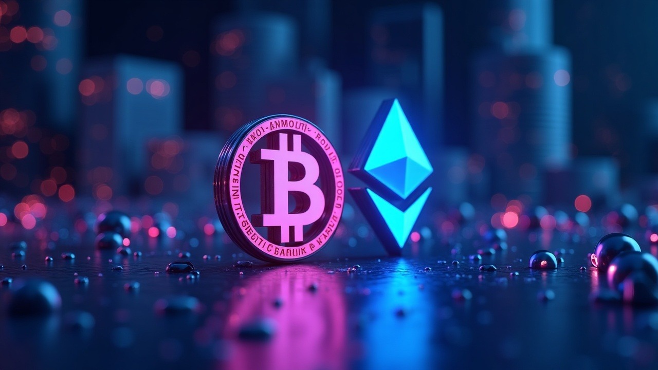 Neon Bitcoin and Ethereum logos with rising ETF inflows, blue and purple glow, 3D style