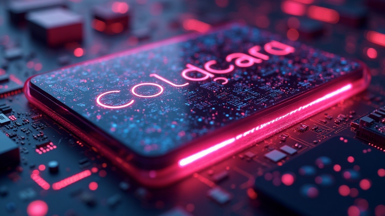 Neon 3D render of a Coldcard MK3 wallet with glowing seed phrases and RNG glitches illustrating seed-generation vulnerability