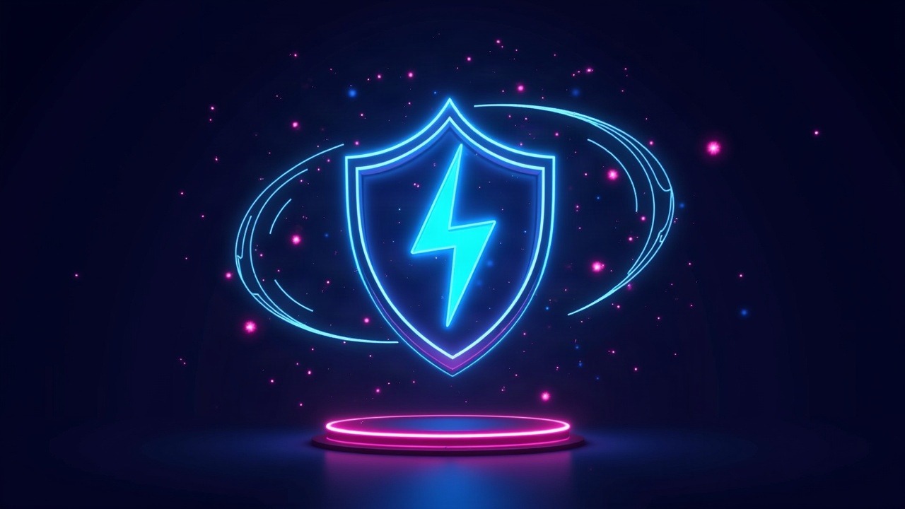 Neon Core Lightning node with shield and AI CVE code swirl around an offline-mode icon in blue glow.