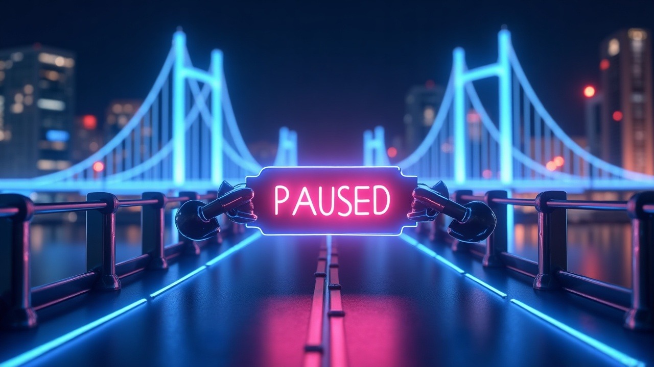 Neon 3D illustration of a paused cross-chain bridge with a pause sign amid blue-purple glow.