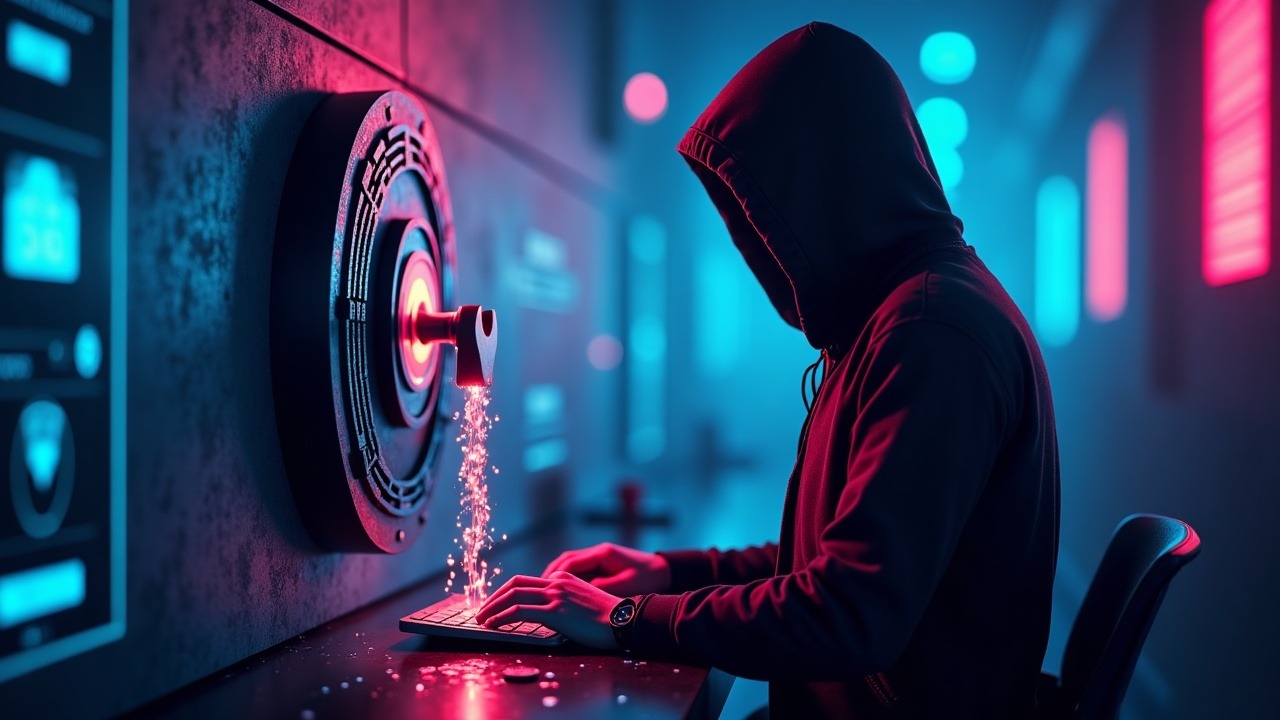 Neon-lit digital vault leaks coins across cross-chain links between Ethereum and TRON, with a shadowy hacker silhouette.