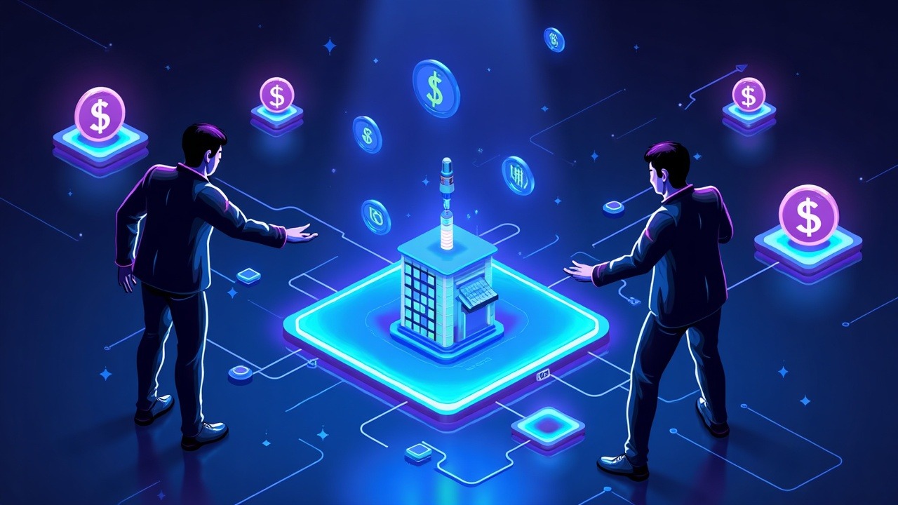 Neon DeFi liquidity pool with token icons and a shadowy attacker manipulating a price feed during a flash loan.