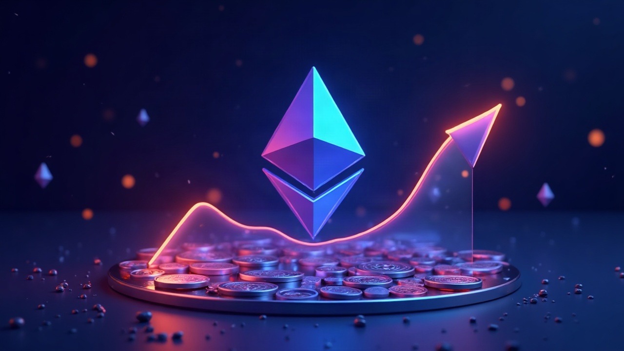 Neon Ethereum staking illustration showing a shrinking rewards arc and burning coin trail, symbolizing tapered issuance.