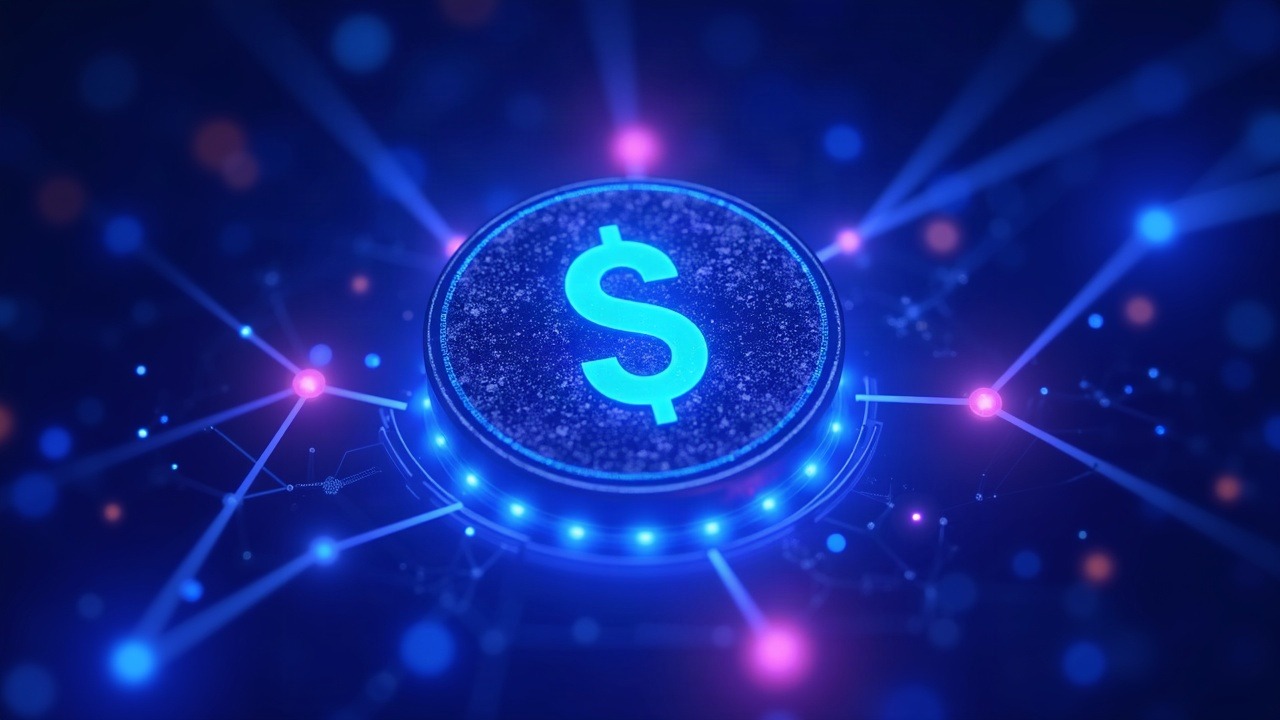 Neon 3D illustration of a digital dollar token connected to a glowing Core Hub network for Ethena USDe on Aave V4