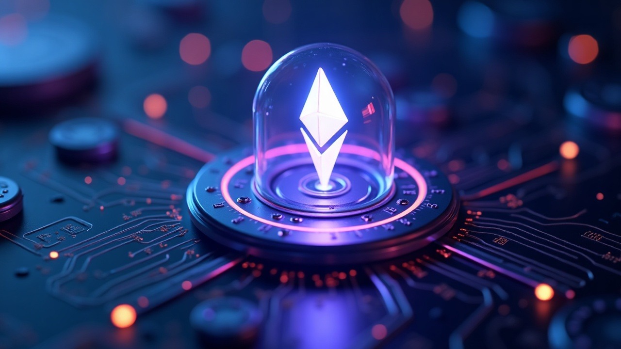Hyperreal Ethereum validator hub with a glowing ETH logo and a tapering rewards curve in neon blue and purple.