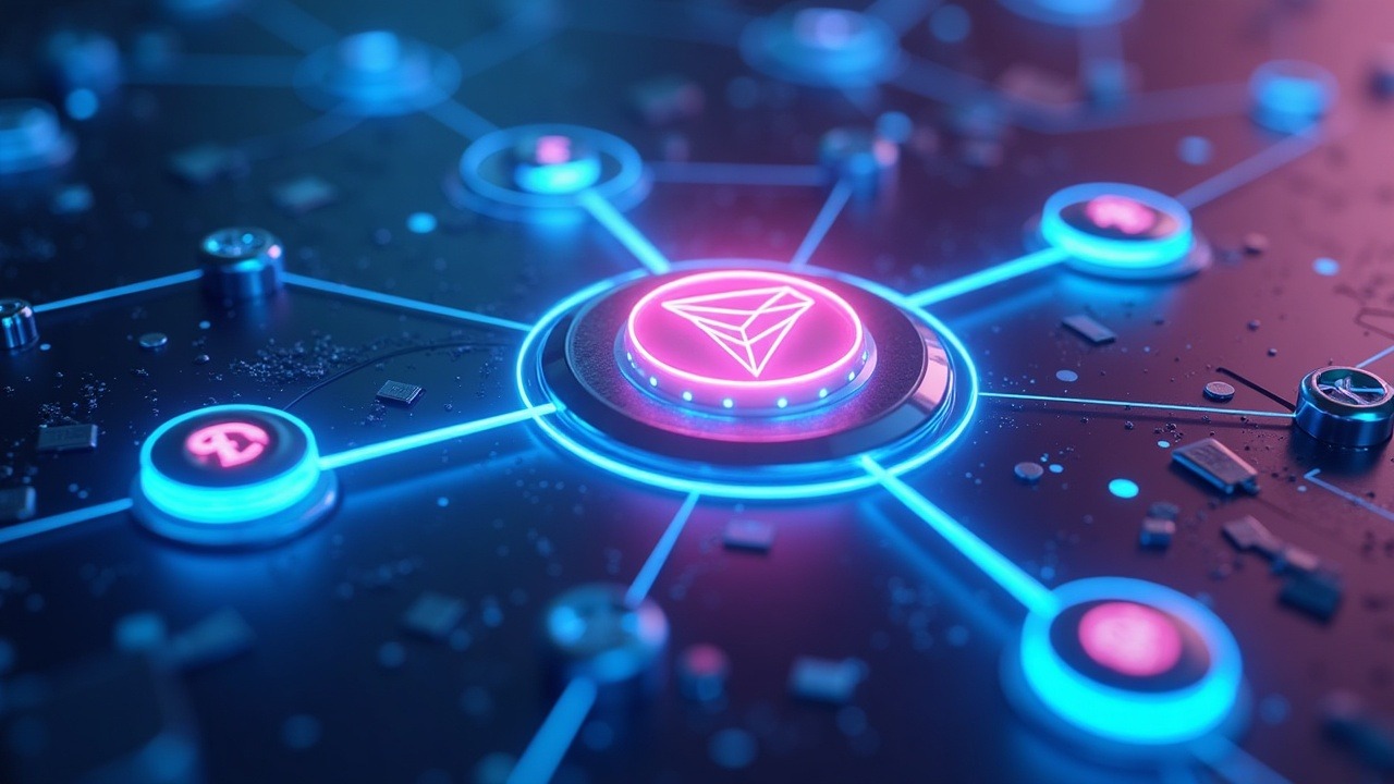Neon blue-cyan-pink illustration of a GasFree TRON-like network with AI agents routing USDT payments