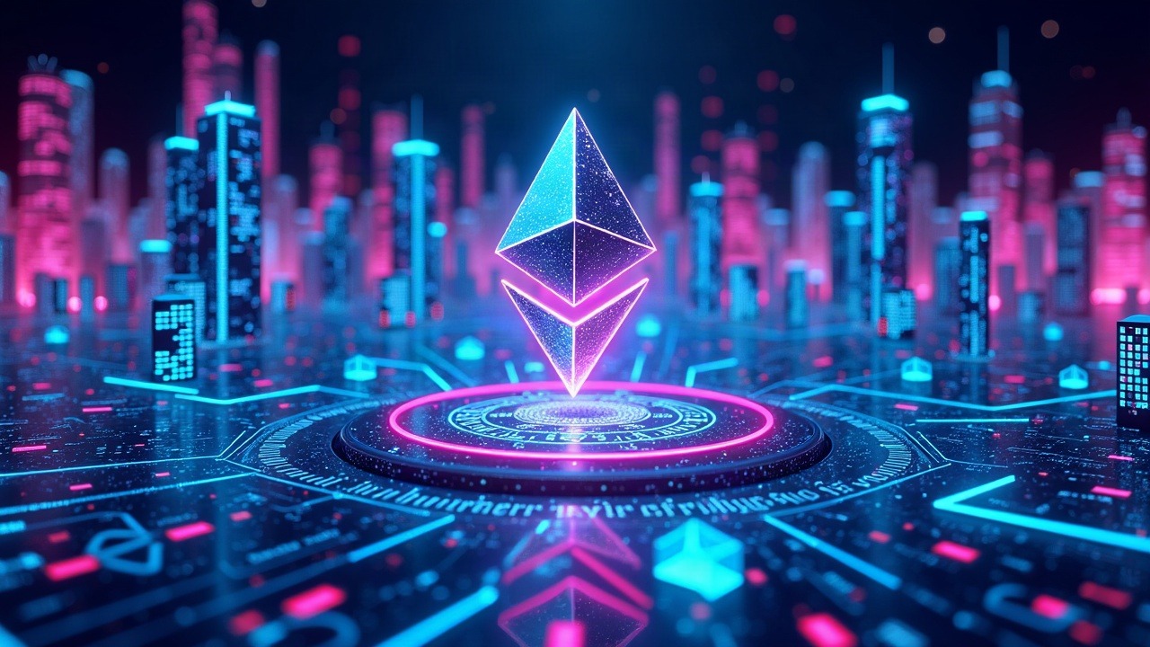 Neon Ethereum cityscape depicting Glamsterdam upgrade with rising gas bars and holographic developer screens.