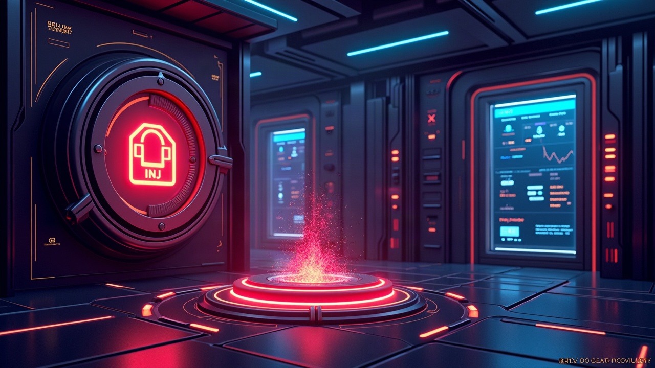 Neon, high-tech scene of INJ token being burned via automated on-chain buyback with futuristic vaults and data streams.