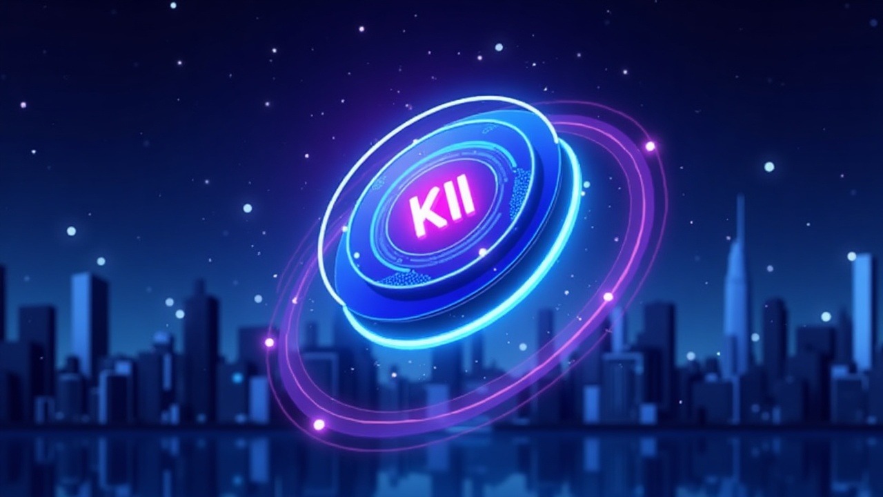 Neon illustration of KII debut on KuCoin, orbiting in 3D around a Layer-1 blockchain with blue glow and city bokeh.