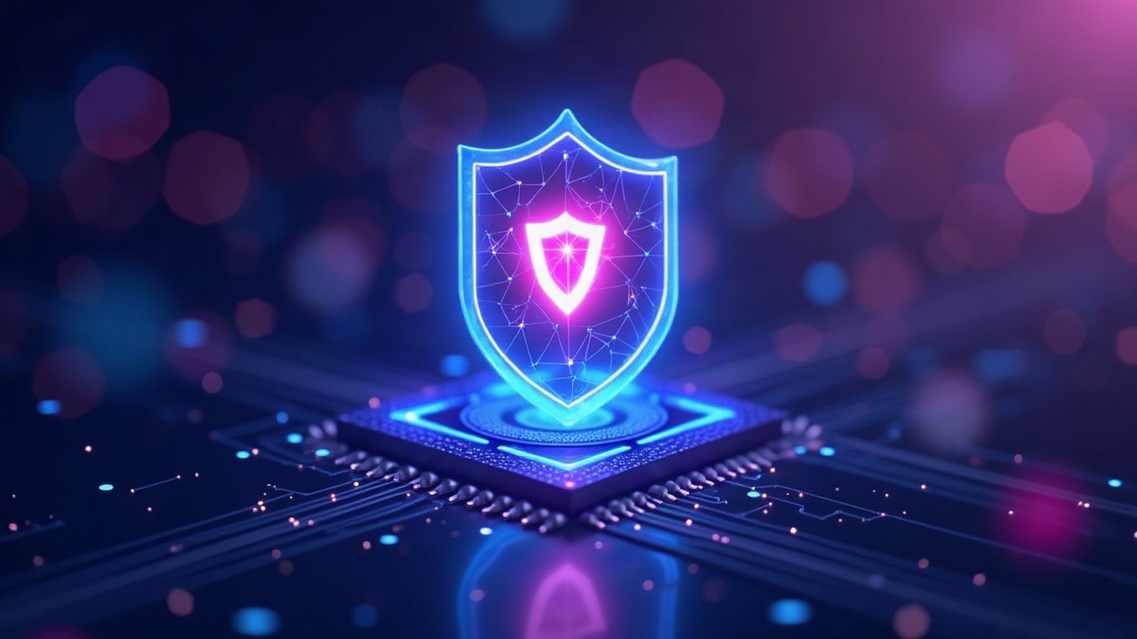 Neon illustration of a MANTRA Chain node patching a Cosmos EVM vulnerability with a glowing shield.