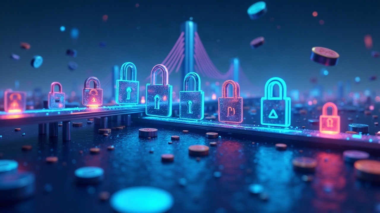 Neon-lit multi-bridge breach with six failing locks and cascading tokens, blue-cyan-purple glow.
