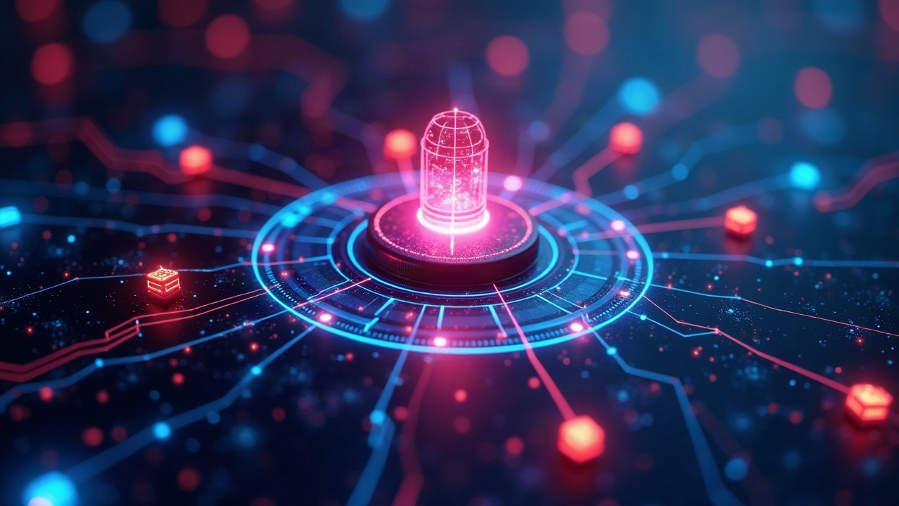 Neon Noos mainnet hub coordinating AI agents with glowing NOOS/NOX tokens on a sleek decentralized network.