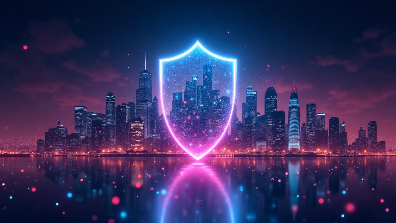 Neon-lit corporate treasury skyline with encrypted data streams behind a translucent shield, signifying on-chain privacy.
