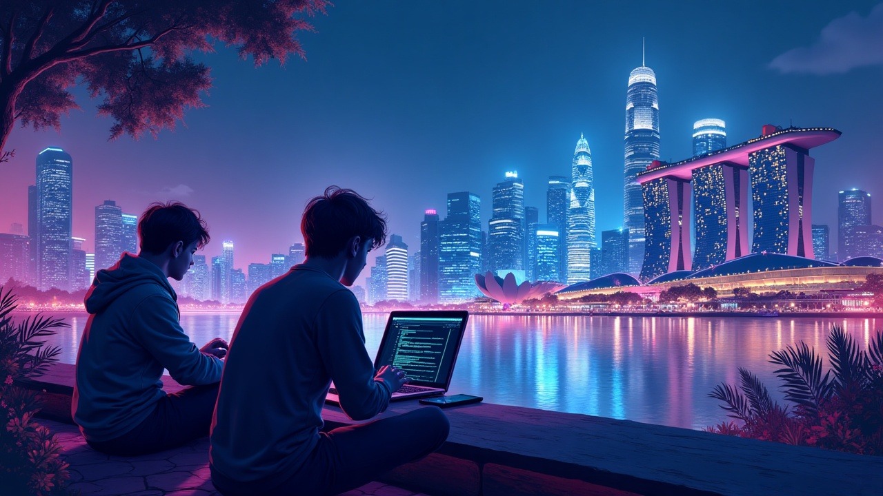 Illustration of developers coding on-chain, Singapore skyline at night, with holographic Solidity and Rust for Buildathon.