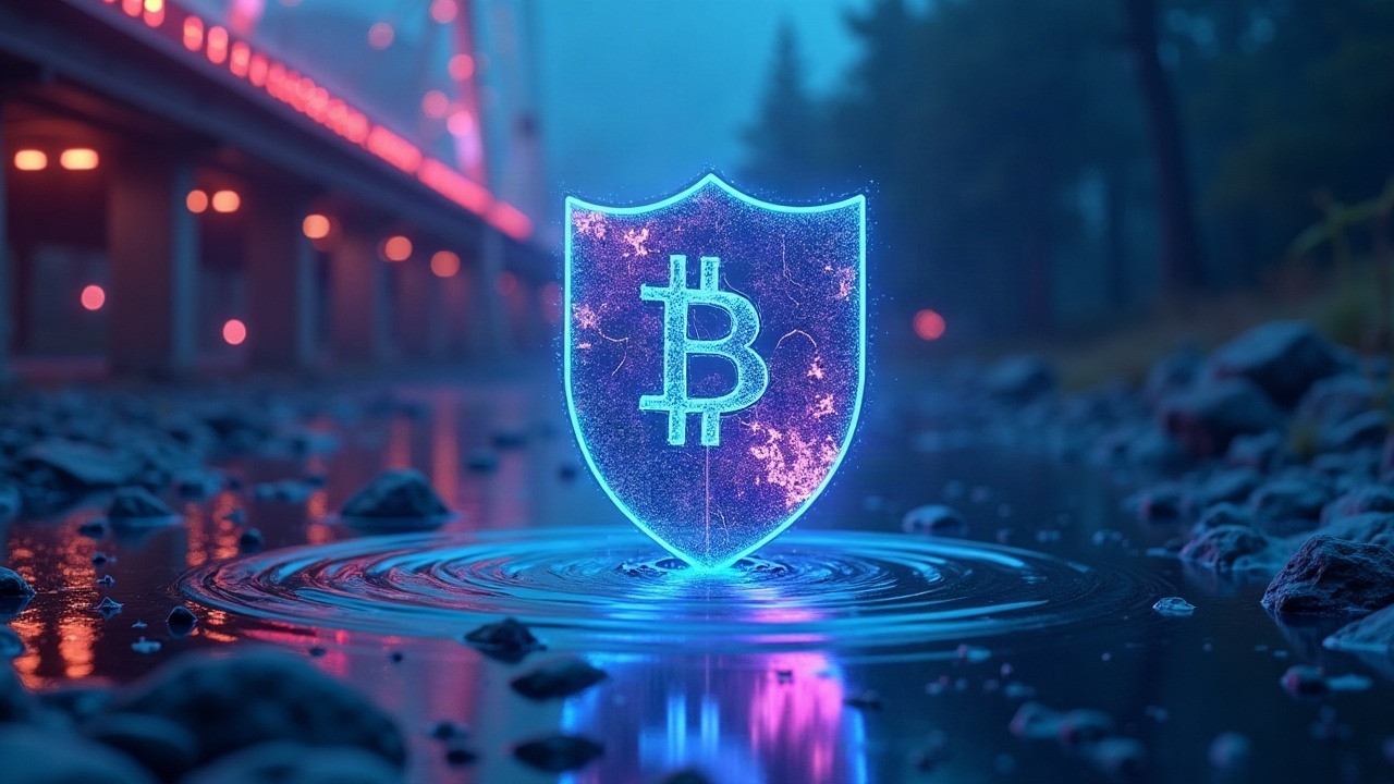Neon crypto scene with a cracked metagraph shield over a draining SWAP pool and an offline bridge, blue-cyan glow