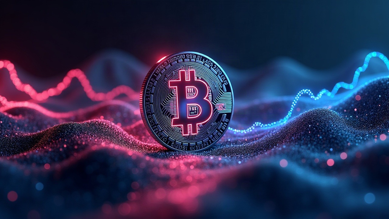 Neon Bitcoin emblem with quantum-safe hash trails, StarkWare and MARA branding in a futuristic mining scene