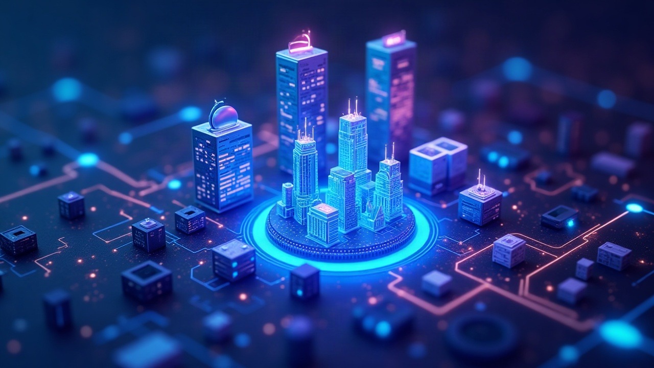 Neon crypto illustration of a trader dashboard over tokenized assets like buildings and commodities in blue-purple glow.