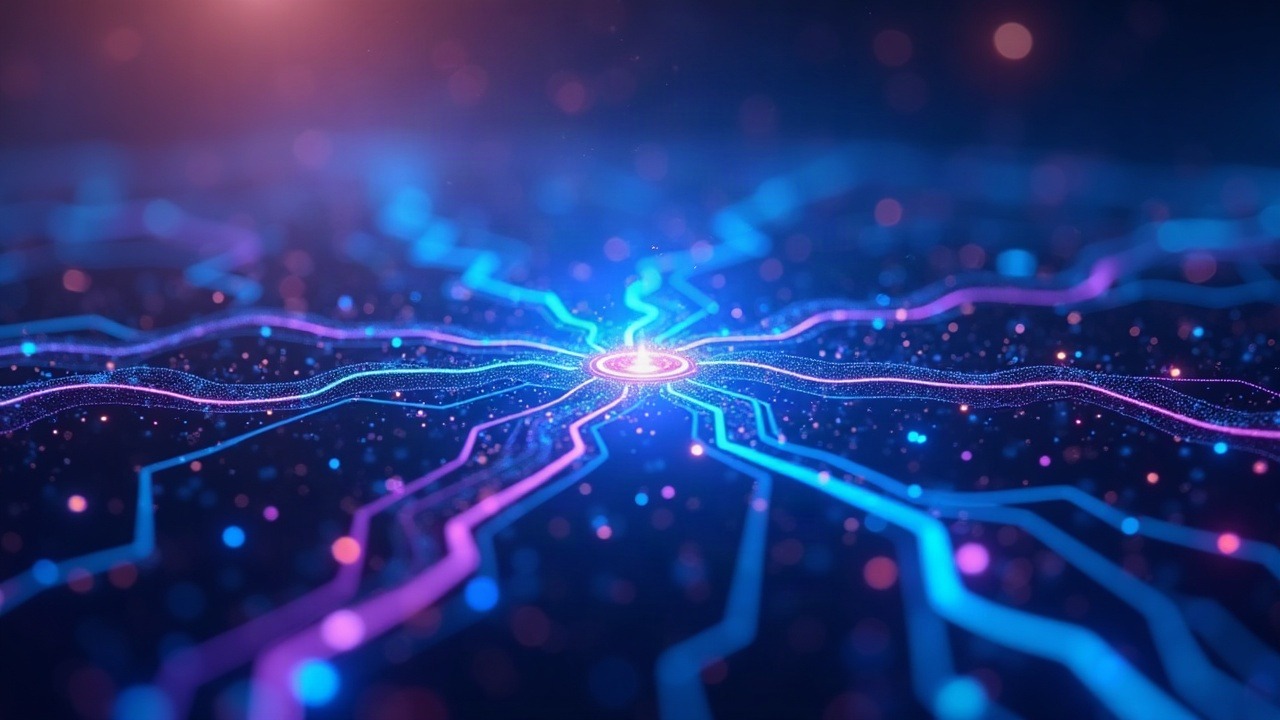 Neon-lit futuristic blockchain with parallel transaction streams converging at a central hub, glowing blue and purple.