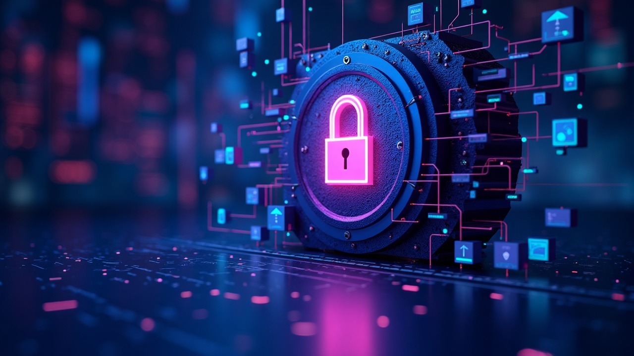 Futuristic quantum-safe crypto illustration with lattice and hash-based signatures guarding a digital vault and accounts.