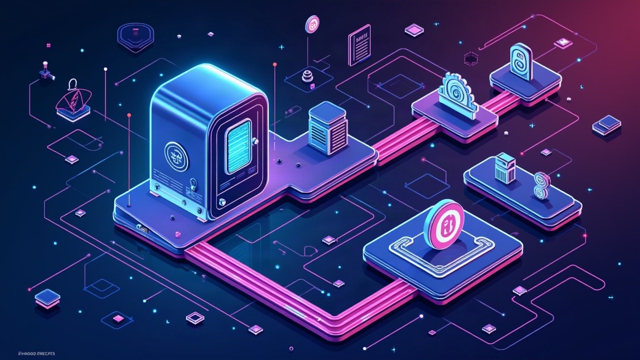 Neon illustration of Sui and tZERO enabling regulated digital securities with a vault and glowing transaction rails.