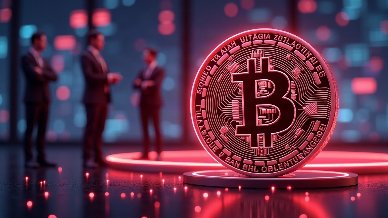 Neon illustration of Bitcoin as Taiwan's strategic reserve with a central bank official and legislator in a futuristic scene.