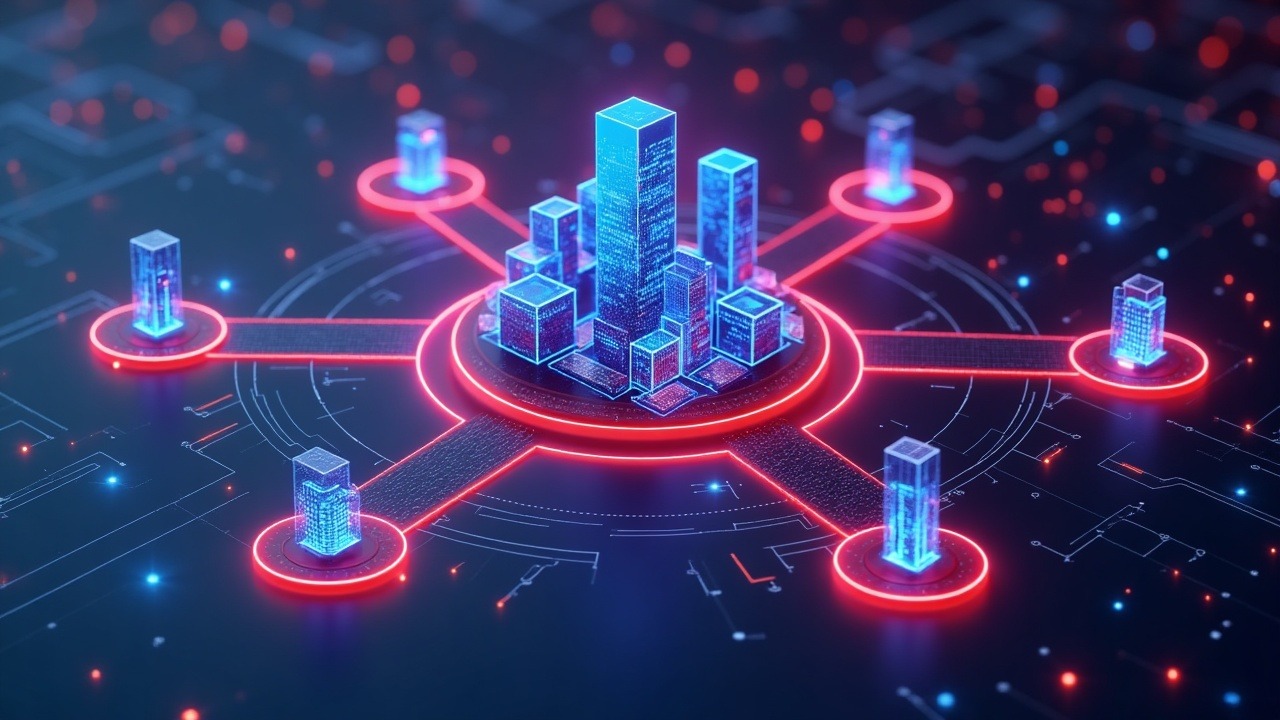 Neon-lit tokenized asset hub connected to exchanges by glowing lines against a sleek digital backdrop
