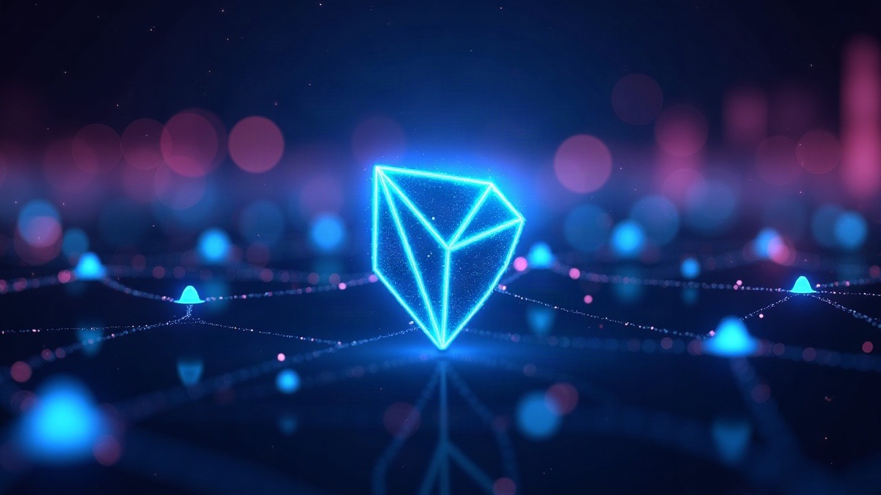 Hyperreal neon TRON network visualization with a quantum-resistant shield enveloping nodes against blue-cyan-purple glow.