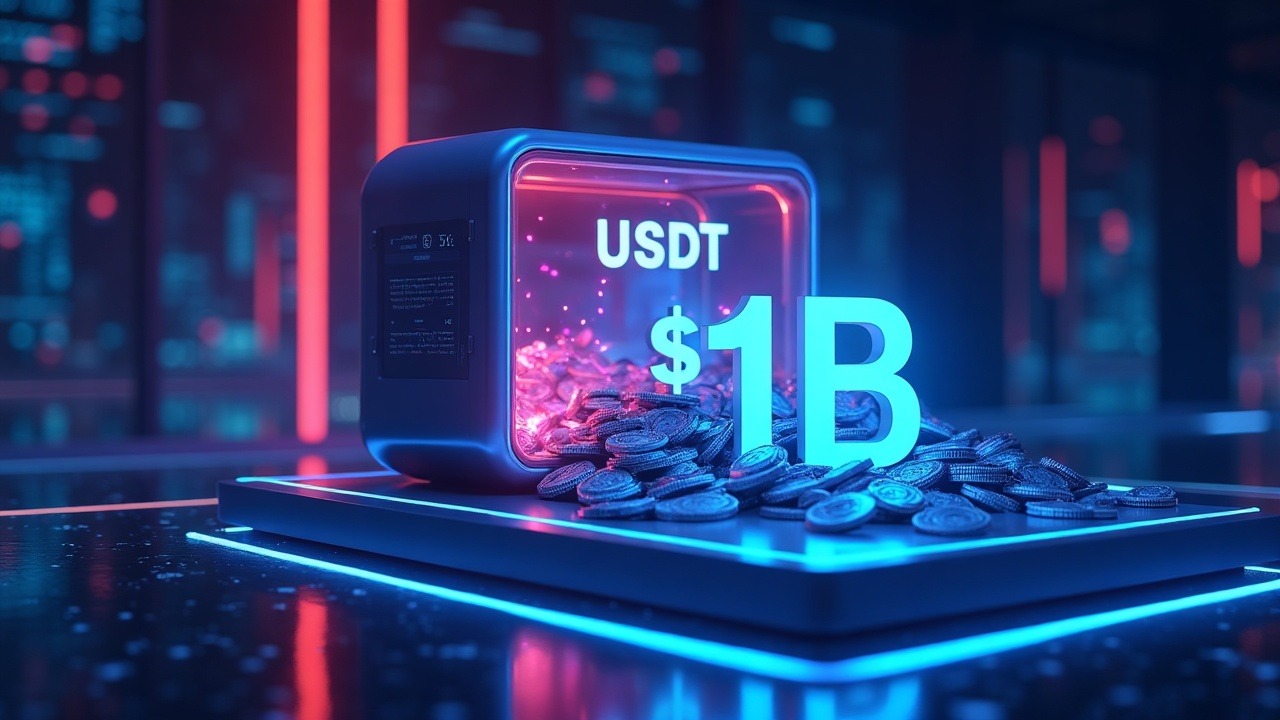 Neon 3D coins pour into a glowing treasury on a Tron-like network, with blue, cyan and magenta glow.