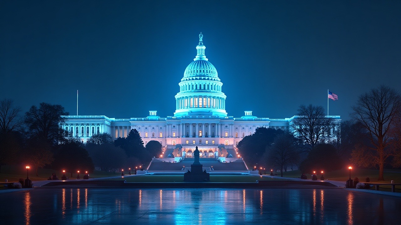 US Capitol depicted as a glass blockchain hub with holographic policy text and crypto-network halo.